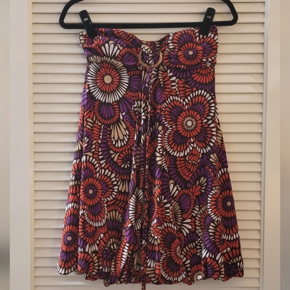Miss Bison - Retro Colourful Floral 70's Style Mini Dress W Halter Tie